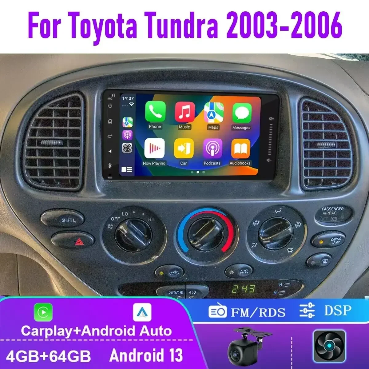 

7" Double Din Android 13 Apple Carplay 4+64GB Touch Screen Car Stereo Radio Head Unit for Toyota Tundra GPS FM BT