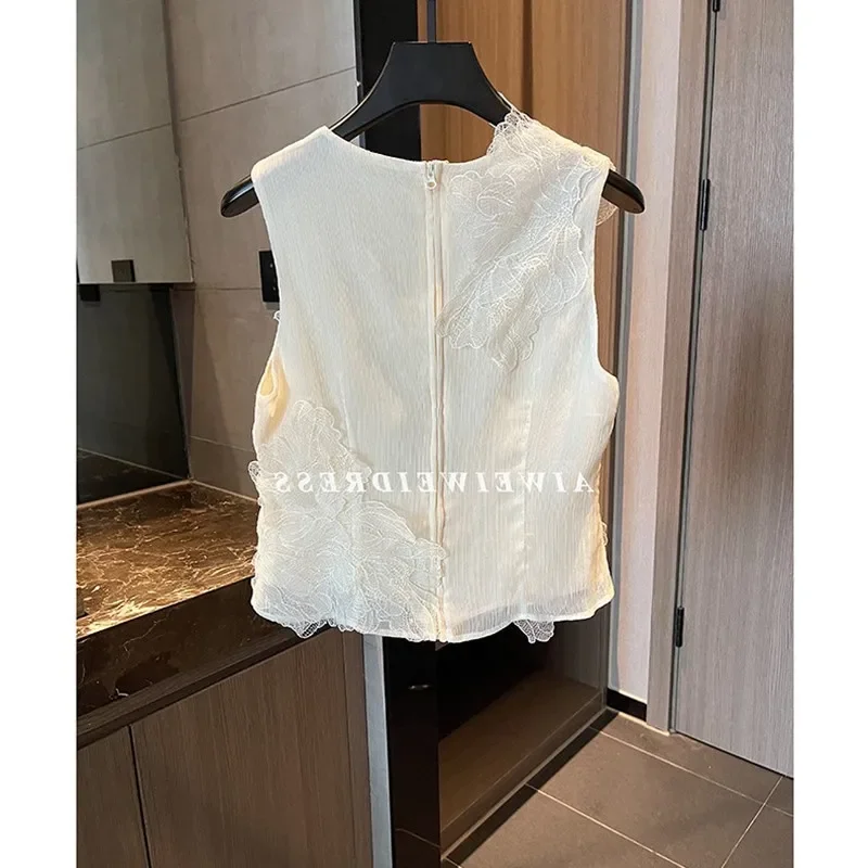 Neploe French Multi-Layer Water-Soluble Lace Sleeveless Vests Femme Solid Color O-Neck Tanks 2024 Summer Sweet Gentle Camis