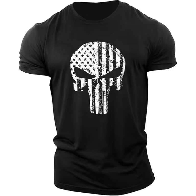 Men\'s 2022 Skull 3D Printing T-Shirt Men\'s Casual Sports T-Shirt Short Sleeve Summer New Quick Dry Tough Guy Army Green Top