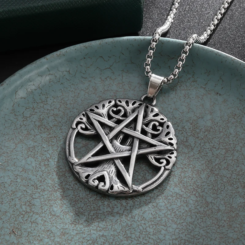 Wiccan Necklace Pagan Pendant Men Women Stainless Steel Silver Plated Pentagram Nordic Raven Mystic Necklace