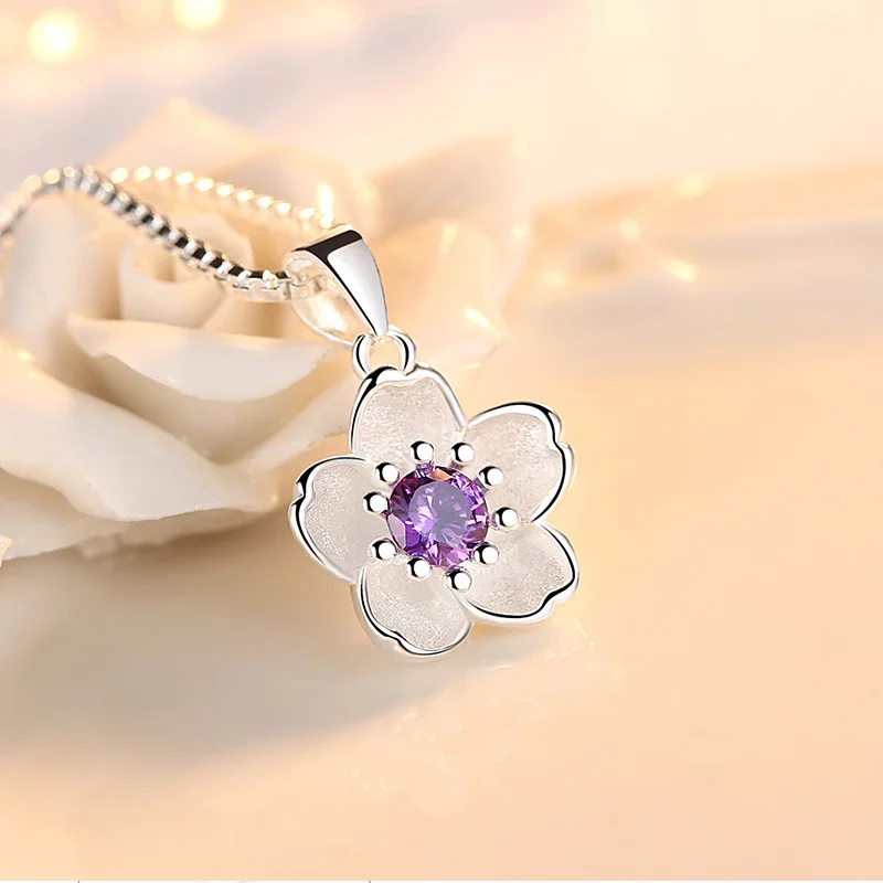 Collane in argento Sterling 925 rosa viola con fiori di pesca per le donne accessori per gioielli di lusso retrò articoli Freeshiping gioielli