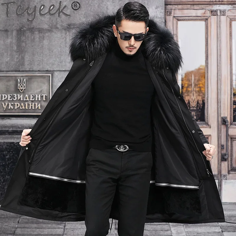 Tcyeek Natural Sheepskin Wool Parka Winter Jacket Men 2023 Warm Fox Fur Collar Fashion Sheep Shearing Coat Mens Clothing Korean