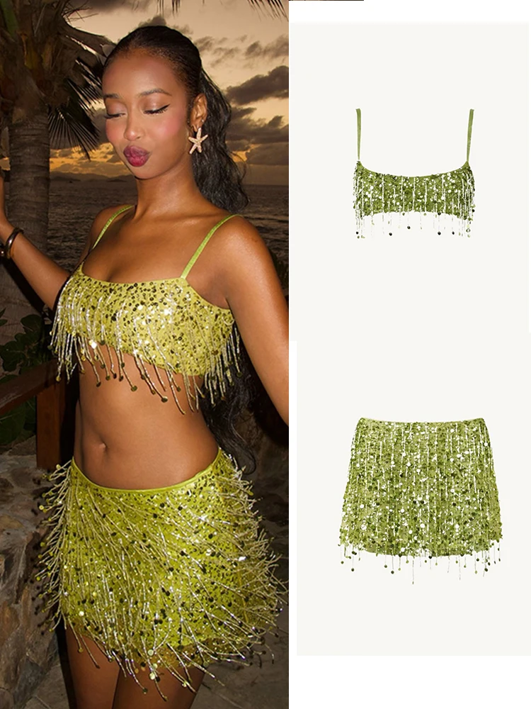 Sexy Tassel Sequins Vest Short Skirt Women Crop Sling Vests Short Hip Package A-line Skirts 2026 Summer Lady Beach Party Outfits