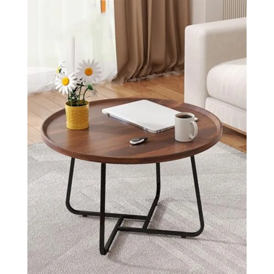 

20 inches Round Coffee Table Wooden Surface Top and Sturdy Metal Legs Coffee Table with Fluted End Table for Living Room Bedroo