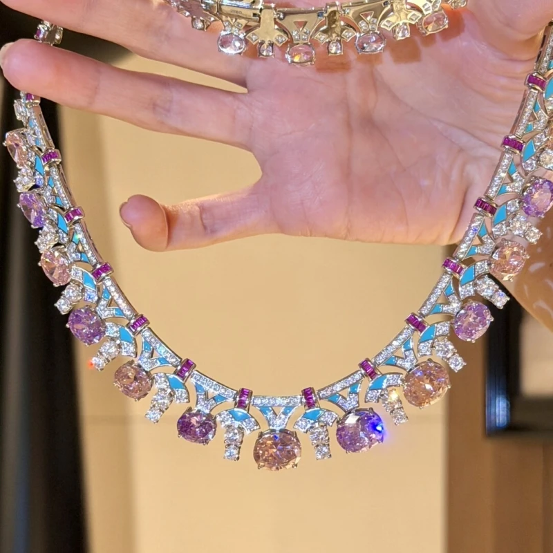 Bellux Wedding Party Exquisite Diamond Set Colorful Necklace Pure Silver Plated Platinum Luxury Jewelry 925 Silver Necklace