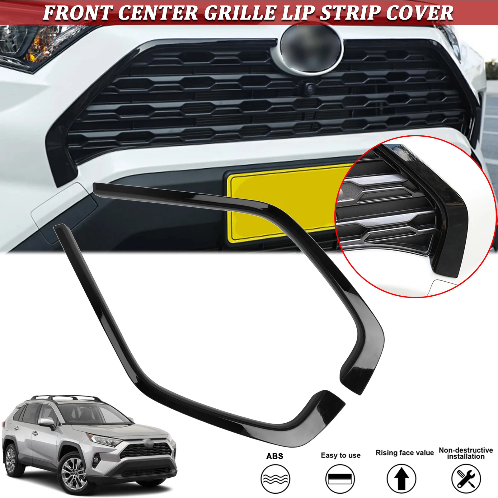 2pcs/Set Glossy Black Car Front Center Grille Lip Stripes Grill Strip Cover Decoration For Toyota RAV4 2019 2020 2021 2022 2023