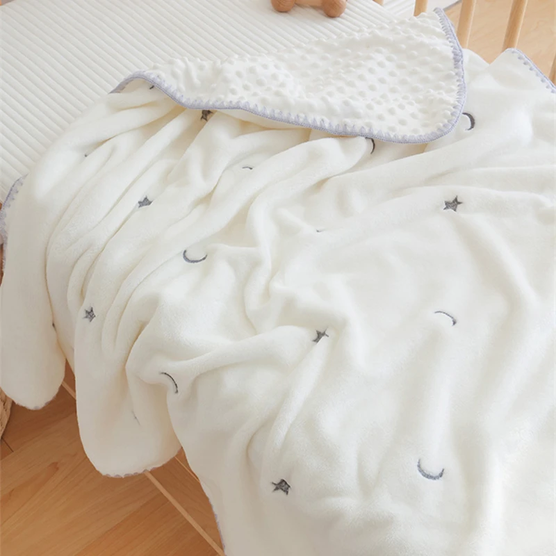 Flauschige Sherpa-Dotty-Futter-Flanell-Thermo-Babydecke, Stickerei, Bären und Sterne, Decke für Neugeborene, gepolsterte Kinderwagendecke