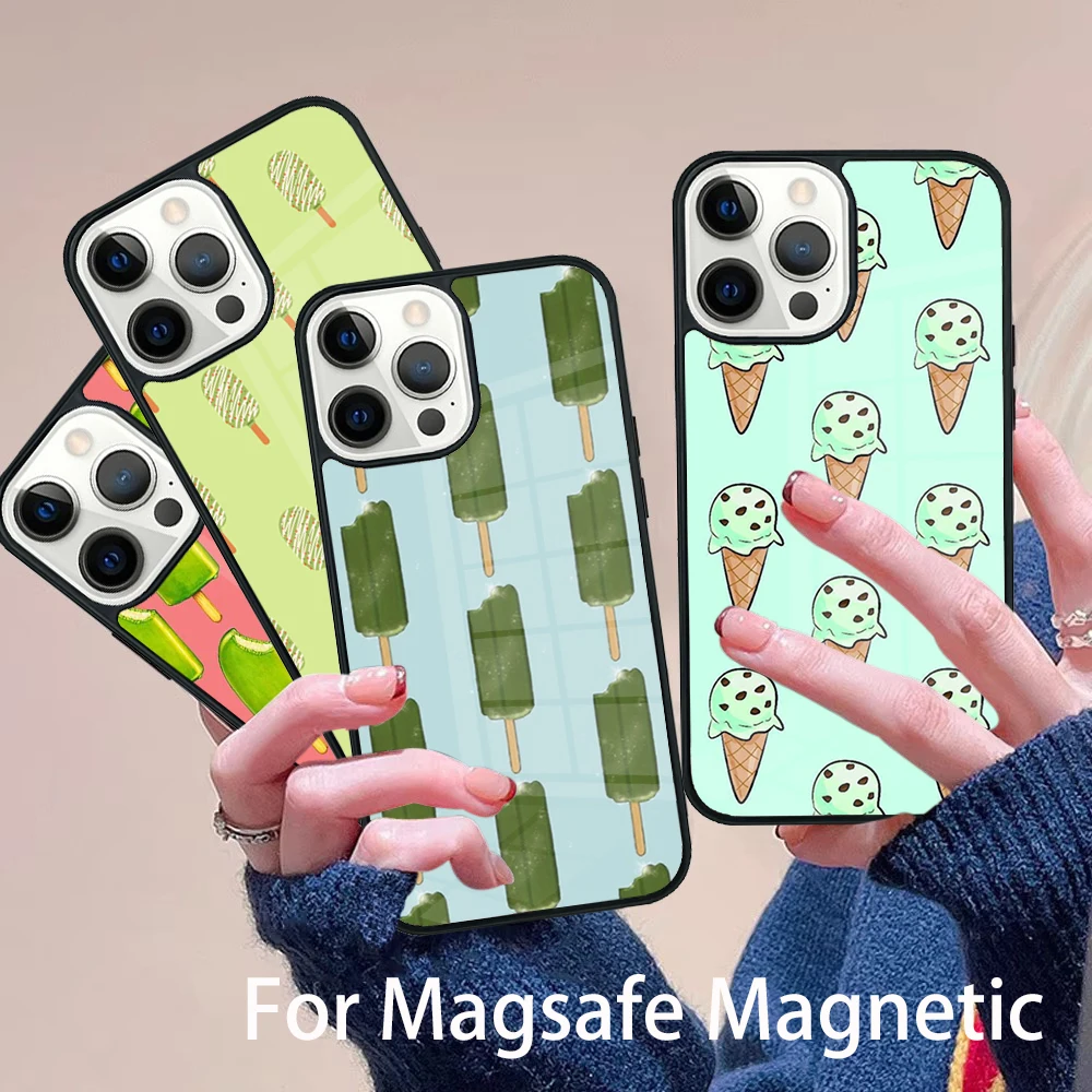 

Summer Green Tea Ice Cream Pattern Phone Case Magesafe Magnetic Wireless Cover For IPhone 16 11 12 13 14 15 Pro Max Plus Mini