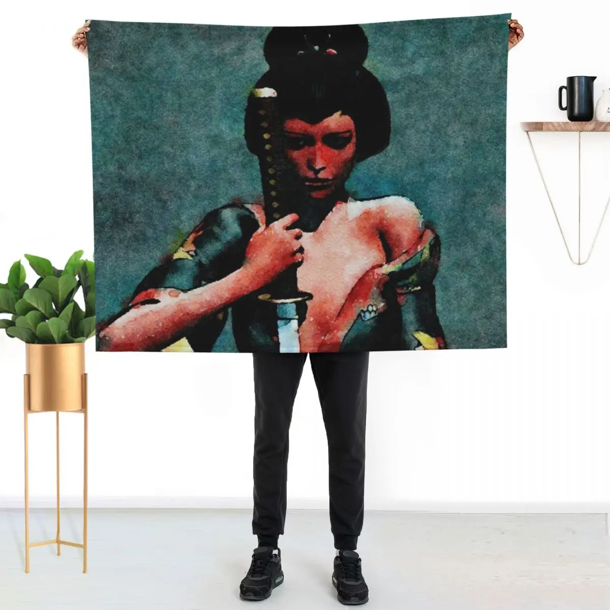 Red Geisha with Sword Throw Blanket Cozy Throw Blanket Birthday Gift for Him Her