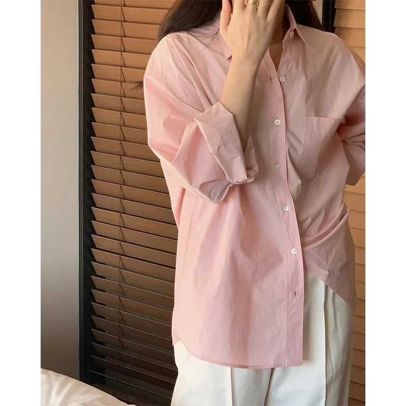 

Женская однотонная рубашка Aron с длинным рукавом и отложным воротником, осенняя, в стиле Dongdaemun, простая, для повседневной носки