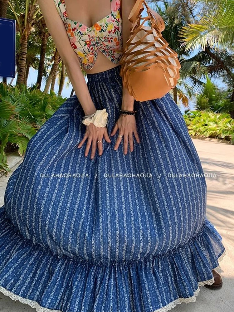 Jmprs ボヘミアンストライプロングスカート女性エレガントな甘いハイウエストレトロスカートカジュアルルーズ女性レースパッチワークヴィンテージスカート