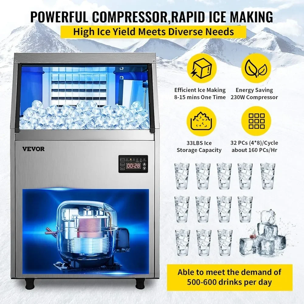 Commercial Ice Maker with 33LBS Bin, Stainless-Steel Construction, Automatic Operation, Include Water Filter, Connection Hose