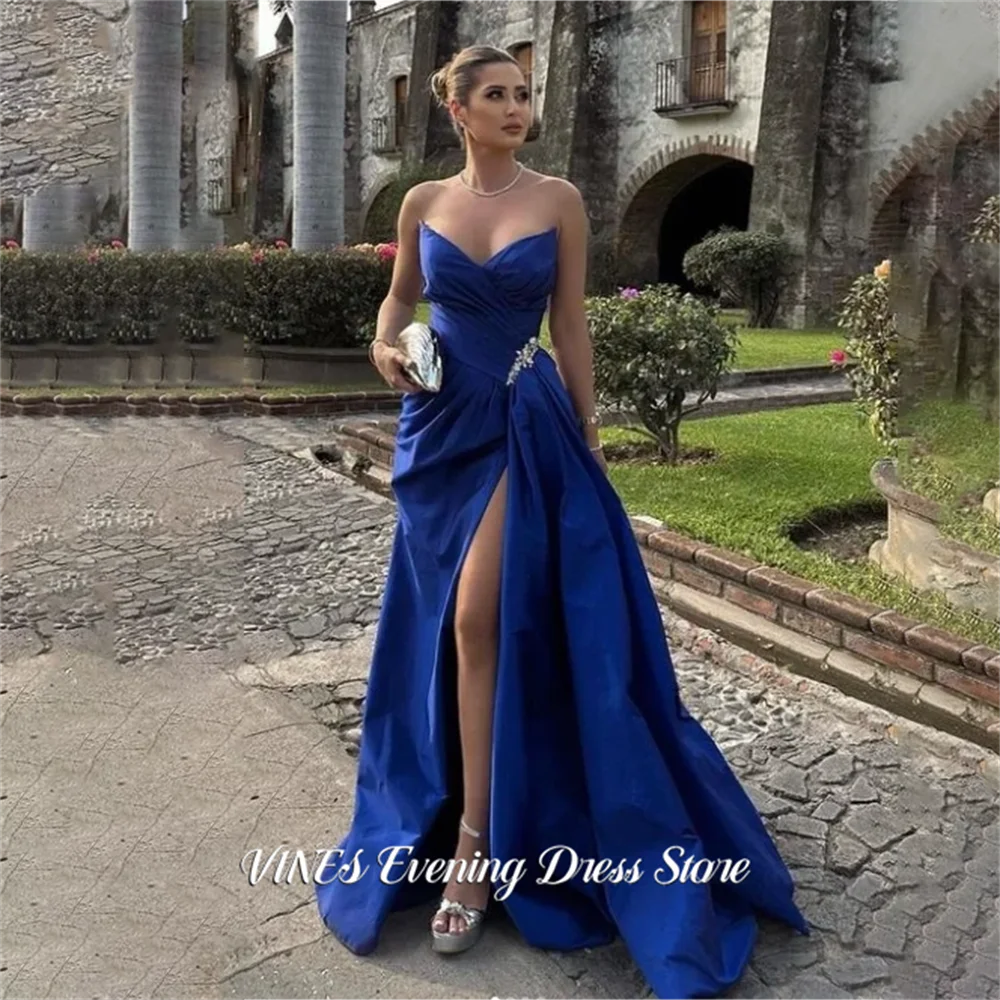 

VINES Royal Blue Evening Dress Sweetheart A Line Formal Gown Crystal Satin Night Dresses with High Slit Prom Dresses Customized