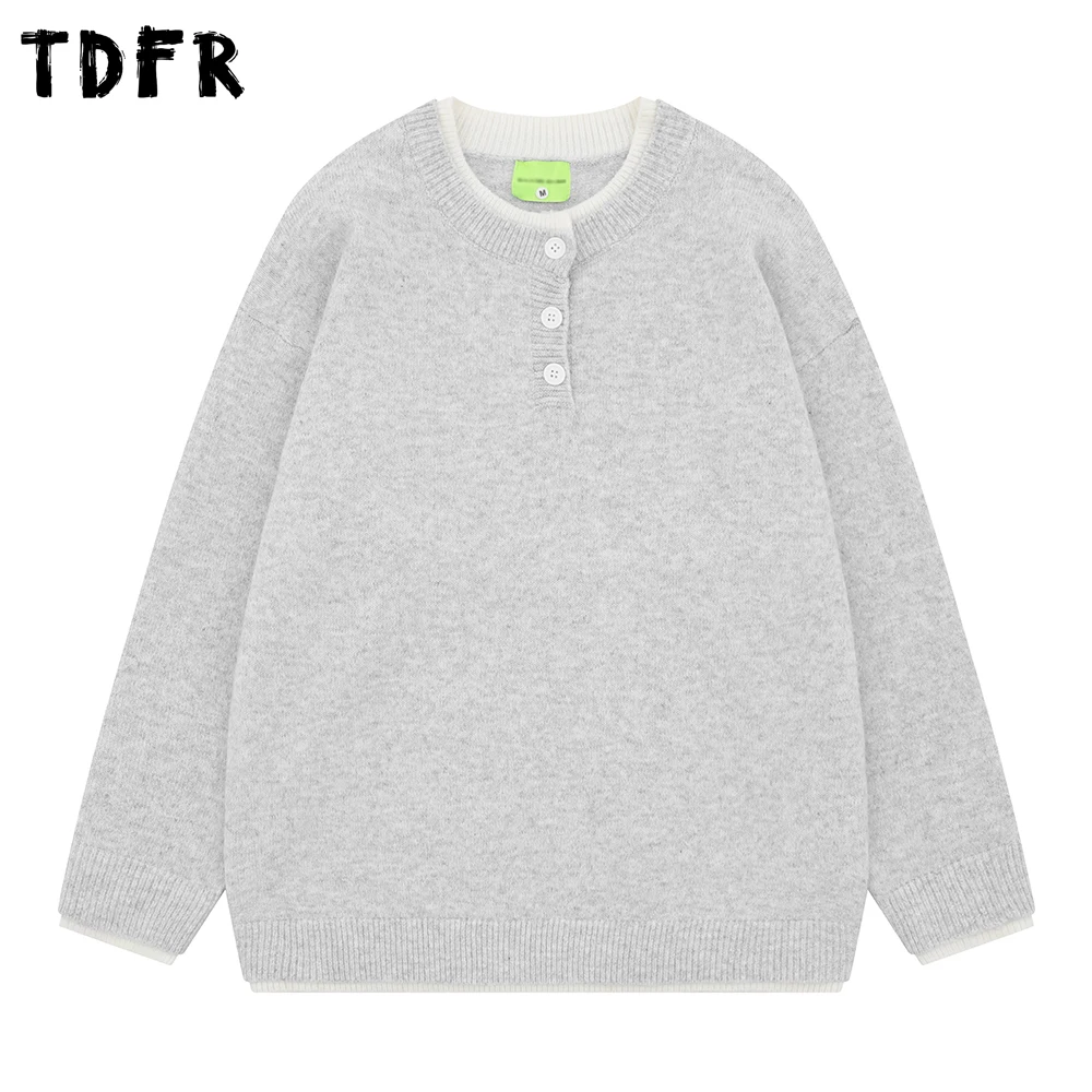 

Spliced Fake two-piece Sweater Mens Autumn Winter Casual Loose Long Sleeve Henley Collar Knitted Pullover Man