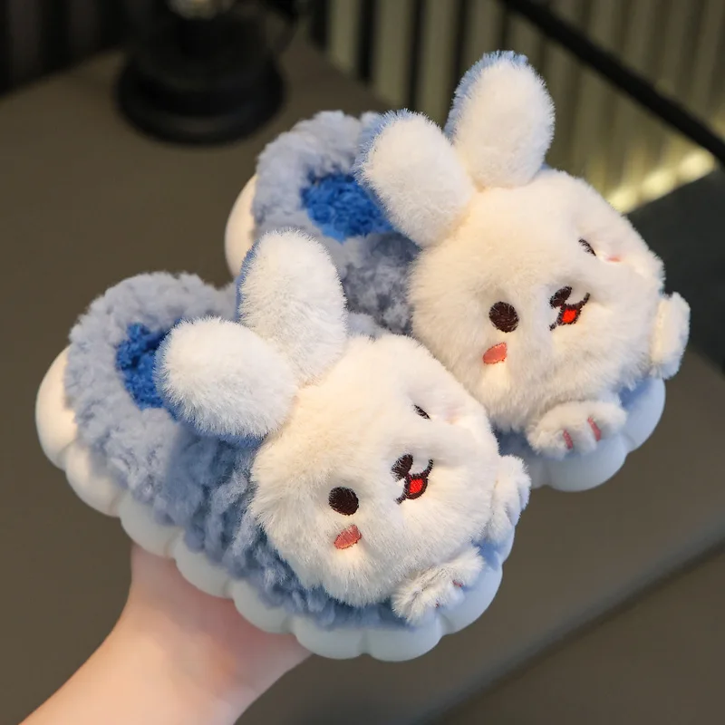 New Winter Plush Slippers Children\'s Cute Rabbit Non-slip Soft Sole Kids Girls Cashmere Parent-child Heel Wrap Warm Home Shoes