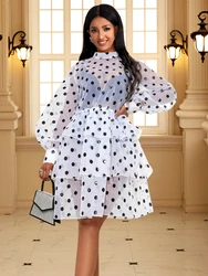 White A Line Dresses Women Mock Neck Long Sleeve Empire Ruffles See Through Polka Dot Knee Length Evening Party Gowns Outfits