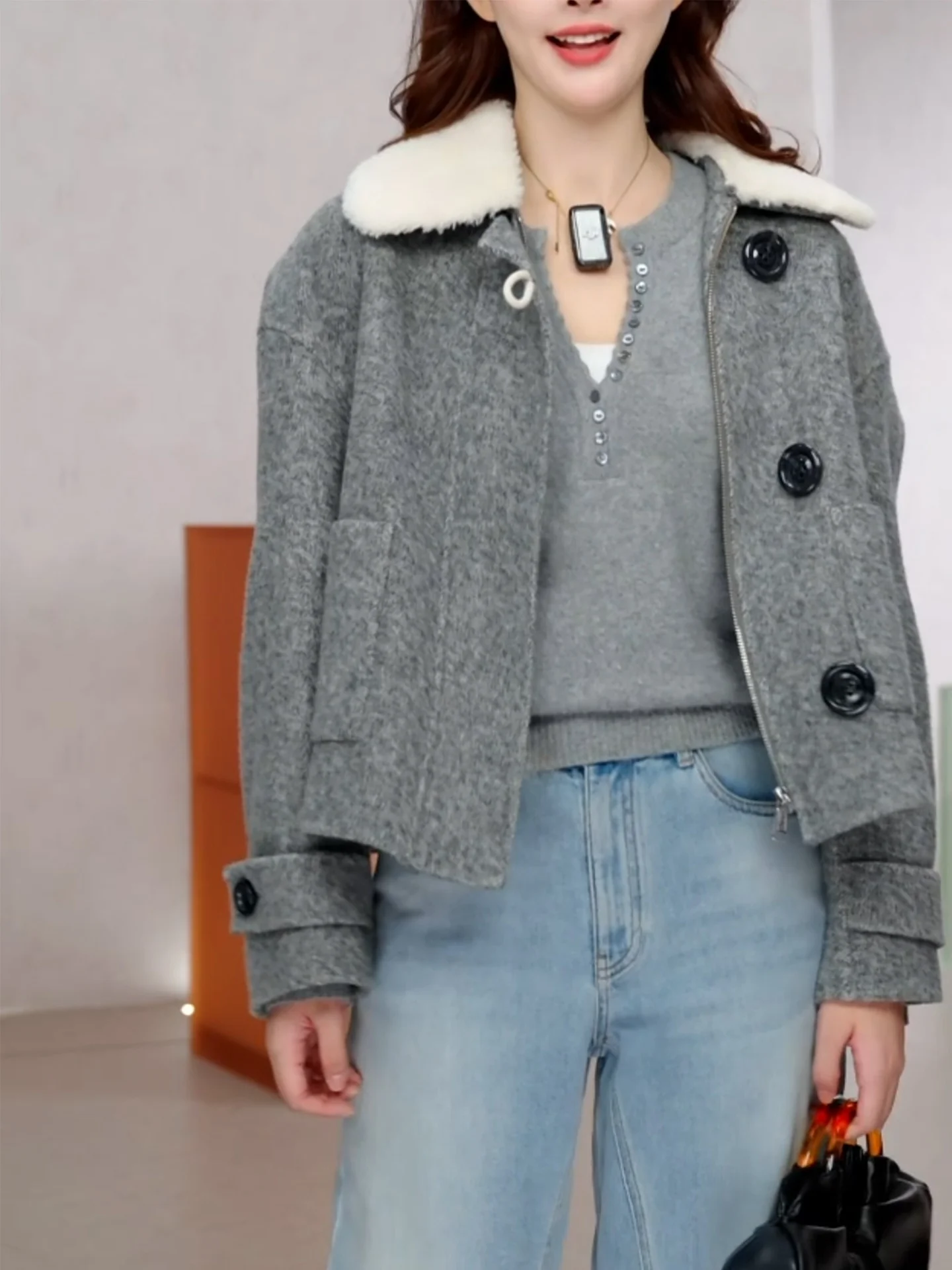 

Женское шерстяное пальто Ele Knitwear: осенне-зимняя коллекция, большие размеры, высококачественное, корейский стиль, свободный крой, повседневная одежда