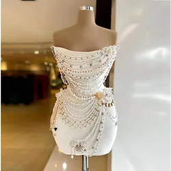 Sexy White Cocltail Dresses Satin Beading Sequined Sleeveless Mini Skirt Night Club Prom Dress robe de soirée femme Customized