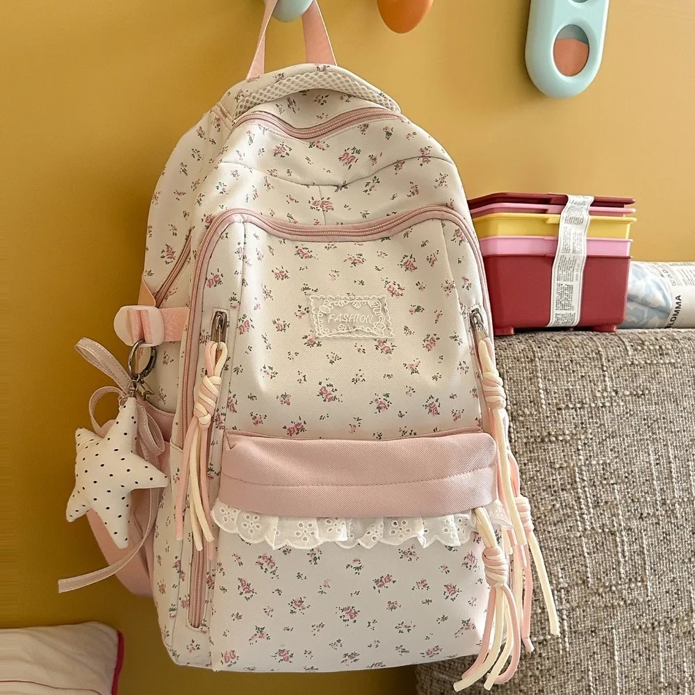 Lace Decor Floral Print Backpack Large Capacity Star Pendant School Bag Fresh Aesthetic Ultra Lightweight Daypack Daily Commute