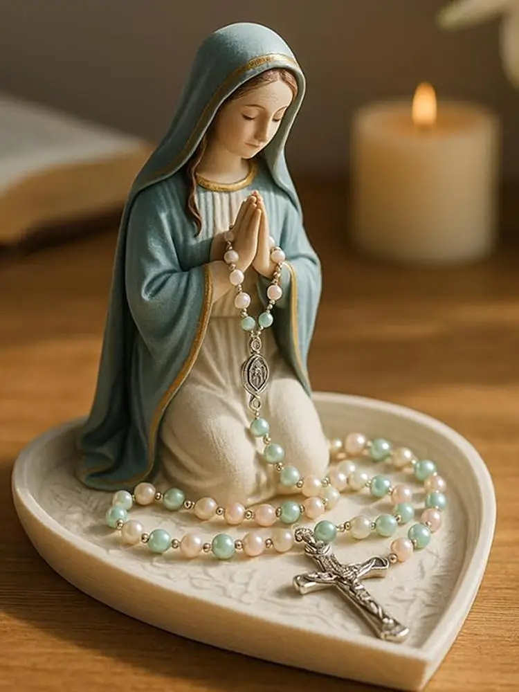 Statue der Jungfrau Maria Rosenkranzhalter Harzfigur Schmuckschale Gebetsrosenkranzbox Katholisches Religiöses Geschenk Wohndekoration