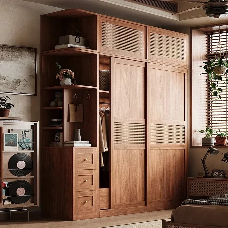 Armario Nórdico con Puertas Correderas, Organizador de Almacenamiento, Mueble para Adolescentes, Armario Grande con Cajones, Ropero de Ratán para Mujer