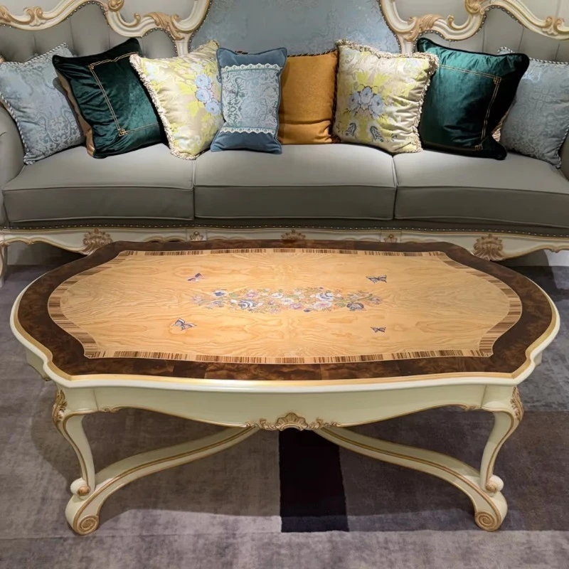 Hand carved wood parquet furniture center coffee table minimalist