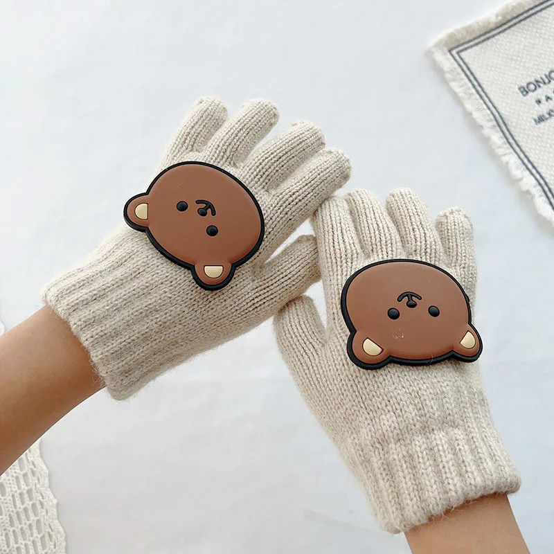 Cute Bear Children Knit Gloves Thick Woolen Kids Five Finger Glove 3-7year Boy Girl Winter Hand Warmer Cartoon Baby Plush Mitten