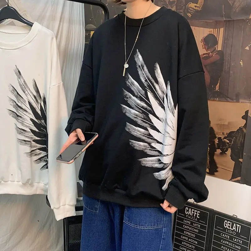 Dark Feather Wings Printed Round Neck Sweater Men's Fall Plus Size Plus Size Loose Pullover Versatile Top