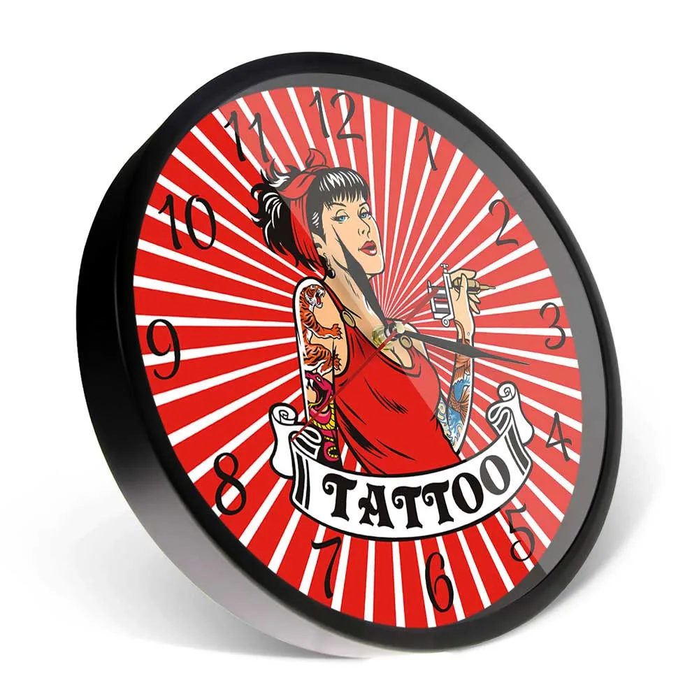 Female Tattooist With Tattoo Gun Red Wall Clock Tattooing Wall Art Decor Salon Studio Silent Wall Watch Gift for Tattoo Artist