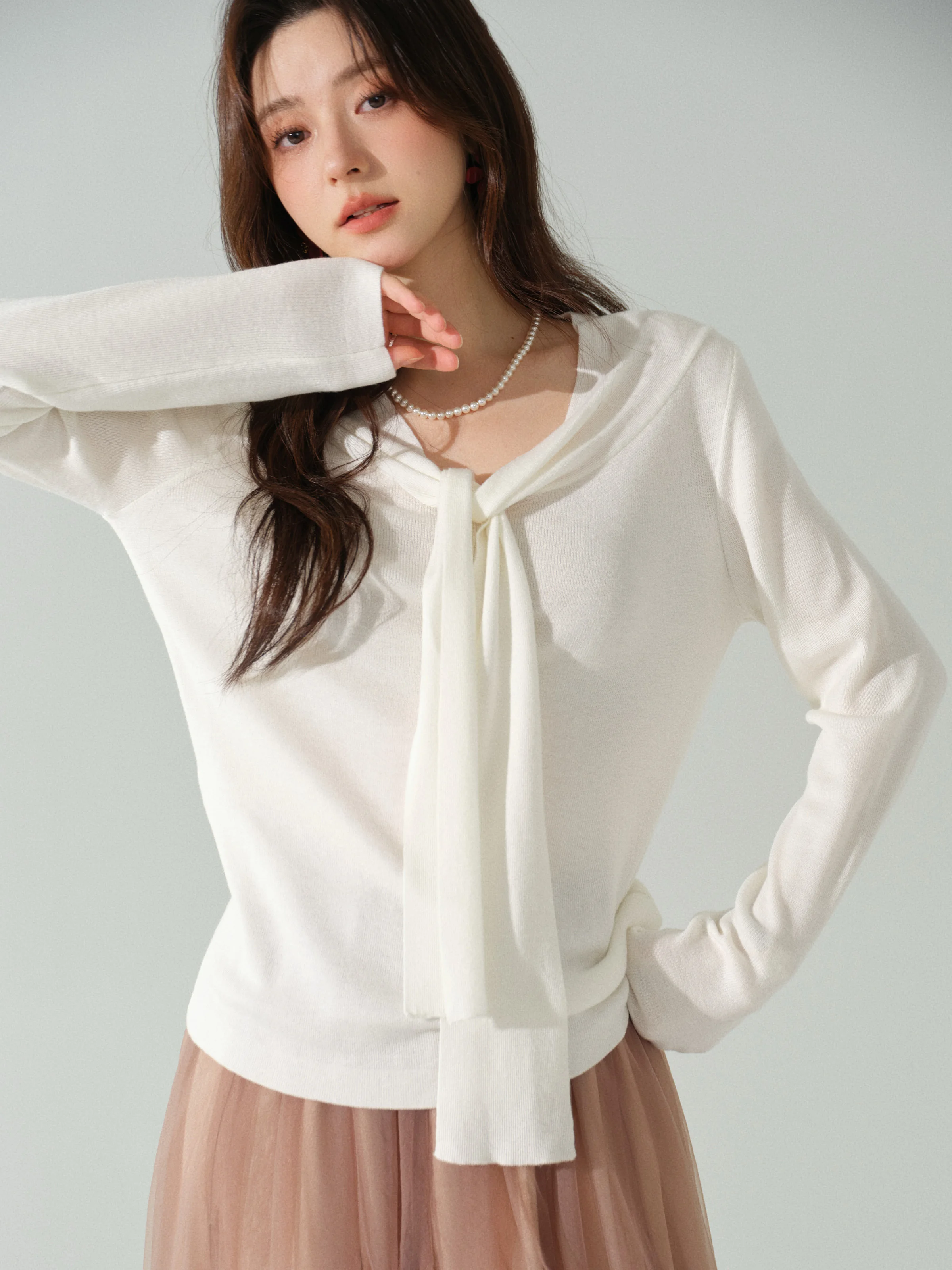Women Elegant Knit Top V Neck Sweater Slim Stylish Long Sleeve Blouse Autumn Design Sense Pullover with Tie Detail Layered Look