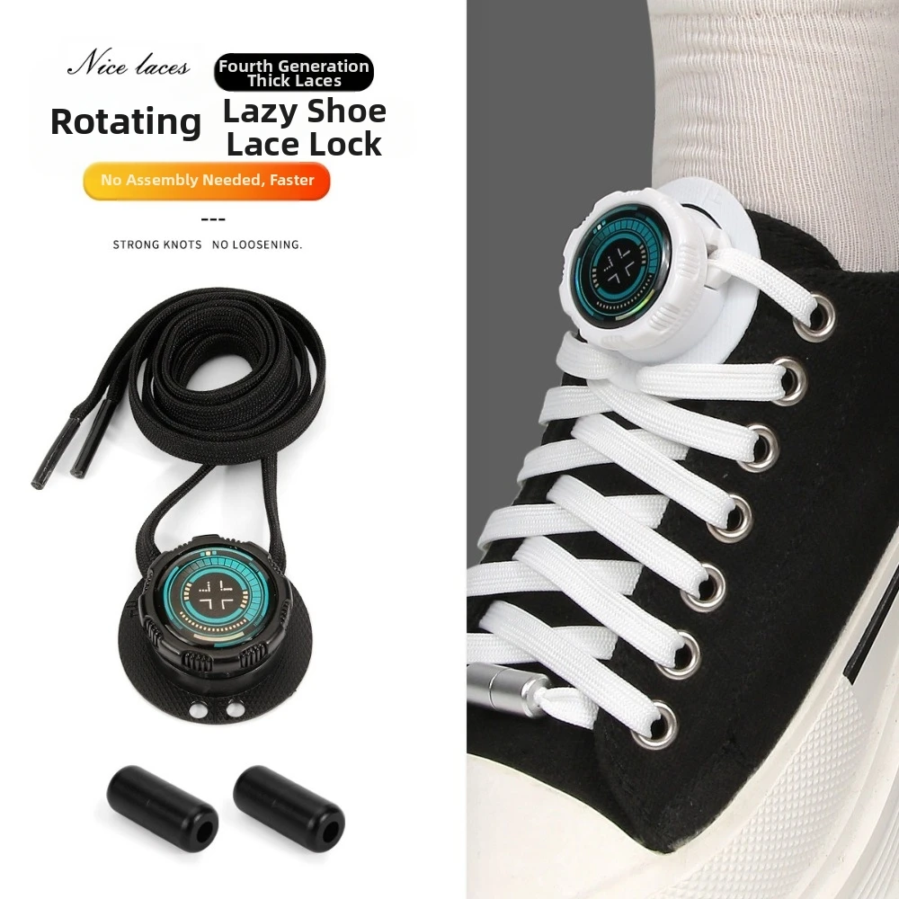 1 Pair Wide Flat Design No-Tie Shoelaces No-Tie Quick-Adjust Rotating Button Laces Rotating Buttons Casual Flat Laces