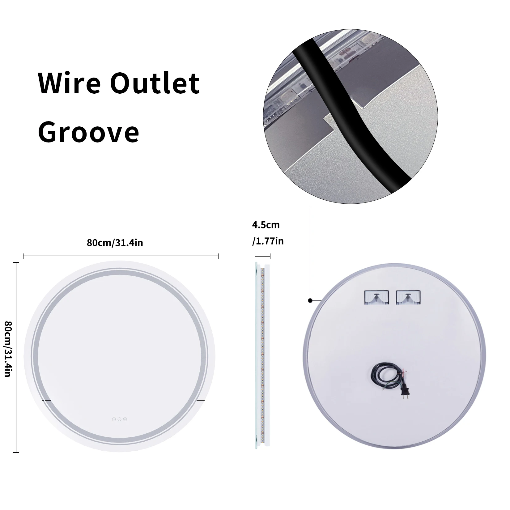 800mm LED Circle Wall Mounted Vanity Mirror with Demister Pad Smart Touch Sensor Memory Function Backlit Front Lighted 3 Colors