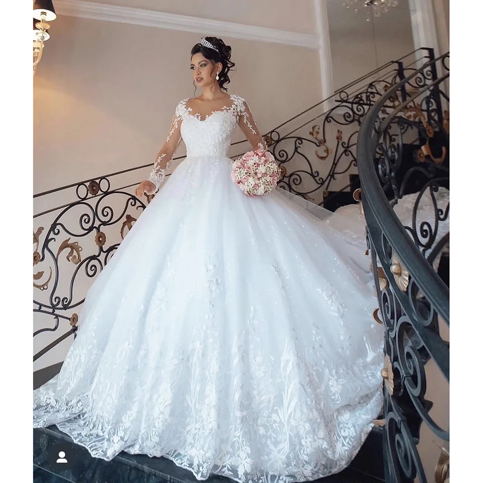 Elegante vestido de novia blanco con cuello redondo, traje de baile hasta el suelo, tren de barrido, cremallera de tul, hecho a medida, 2023