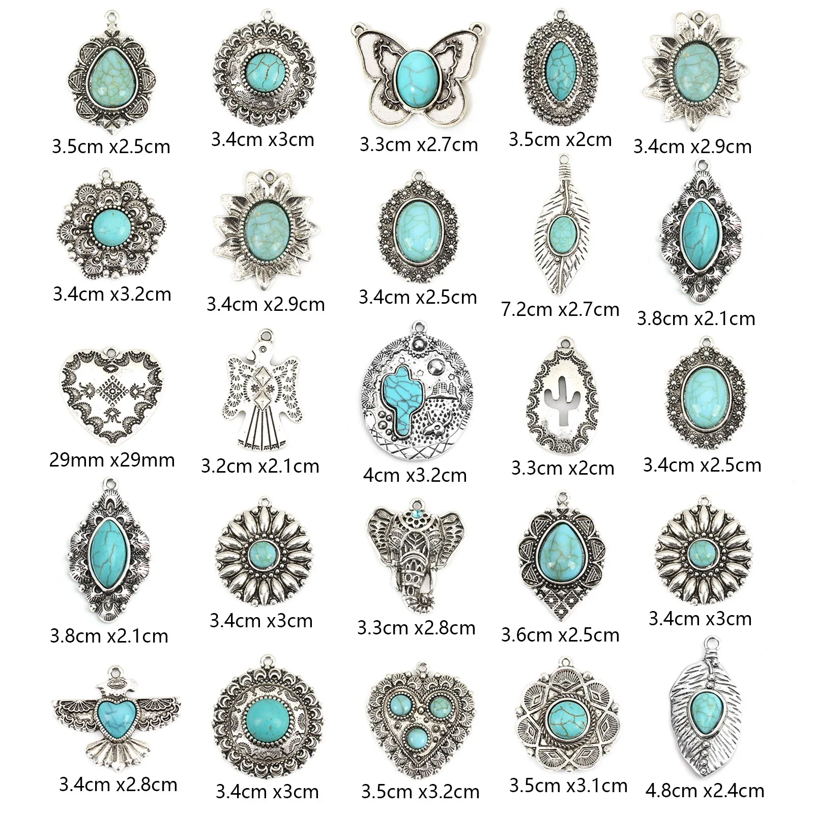 Vintage Bohemian Charms Heart Oval Carved Imitation Turquoise Pattern Antique Silver Color Metal Pendants  DIY Necklace Jewelry