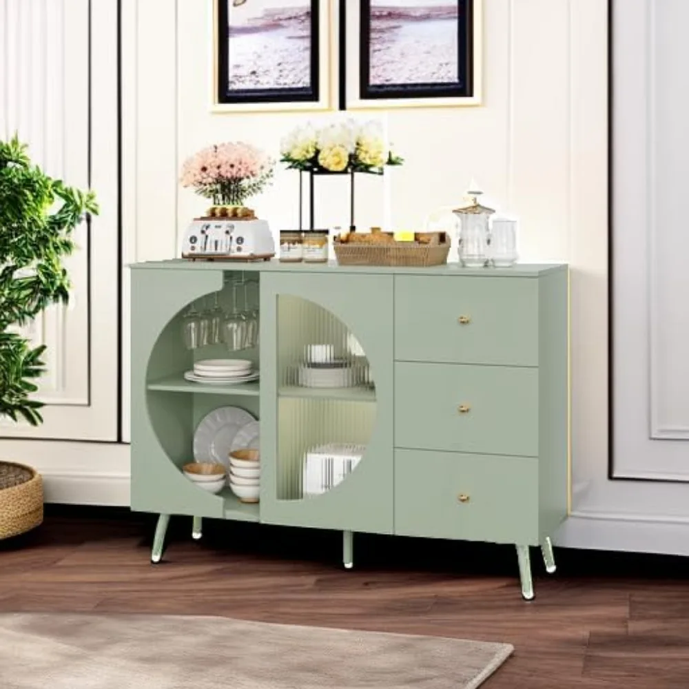 Armoire de bar à café avec porte en verre cannelé, buffet de style crème moderne avec support pour verres à vin, commode de buffet