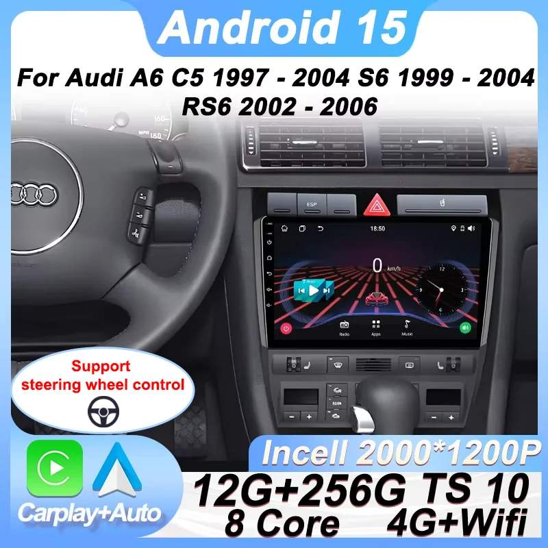 

9 Inch Android 15 2 Din For Audi A6 C5 1997 - 2004 S6 1999 - 2004 RS6 2002 - 2006 Car Radio Carplay Screen Bluetooth 8 Core GPS