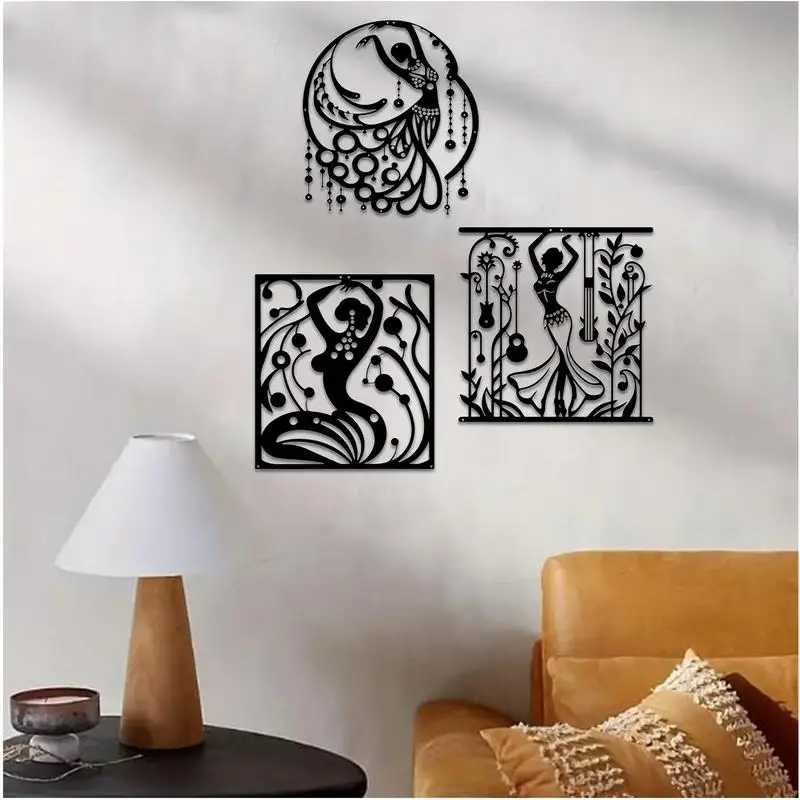

Black Female Silhouette Wall Art 3X Metal Female Body Art Wall Decors Bohemian Style Women Silhouette Ornament For Living Room