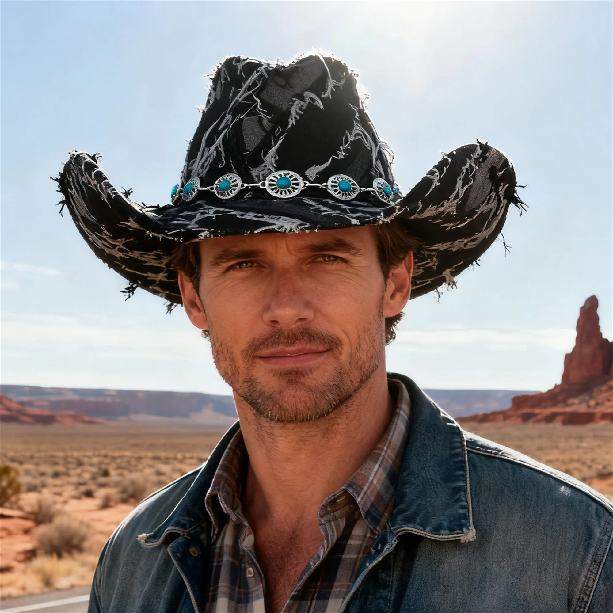 قبعة راعية البقر من قماش الدنيم بتصميم عتيق مع زخرفة رأس الثور وحافة واسعة للنساء - قبعة فيدورا غربية كلاسيكية #2