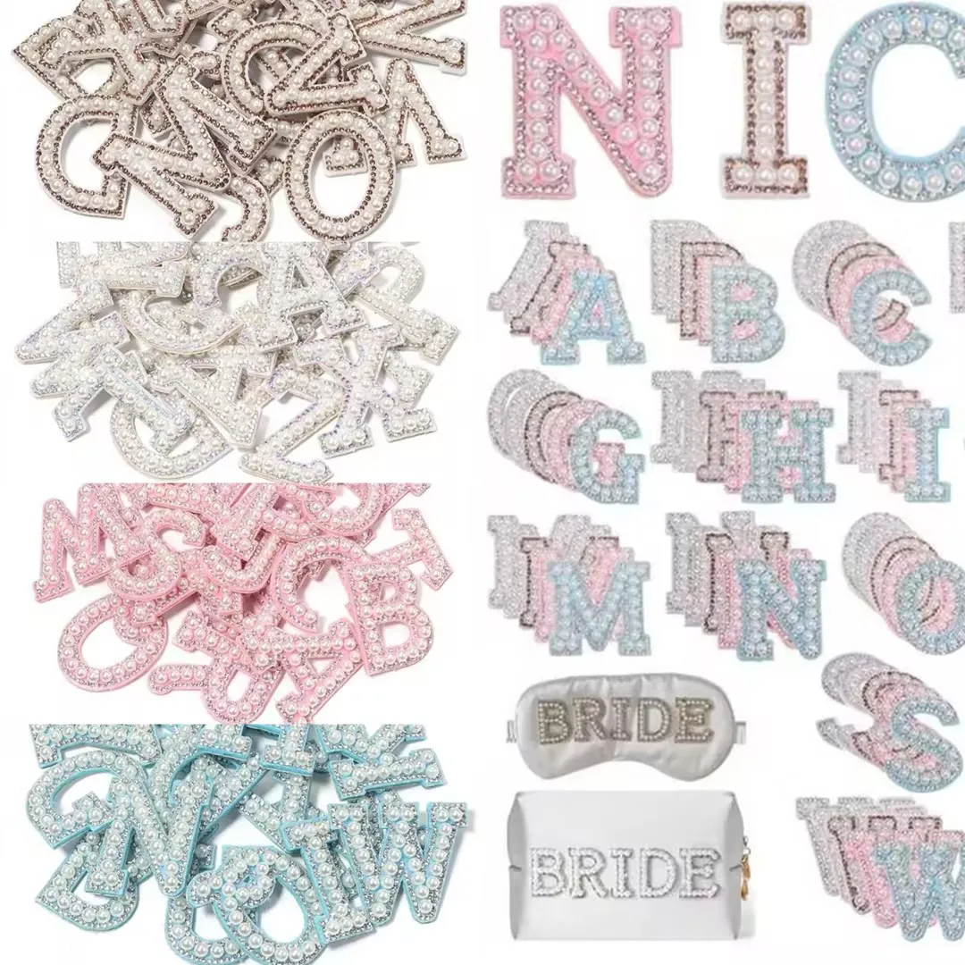 26pcs A-Z English Letter Glitter Pearls Rhinestone Patches Repair Embroidered Sew On Appliques Patches For DIY Clothes Bags Hats