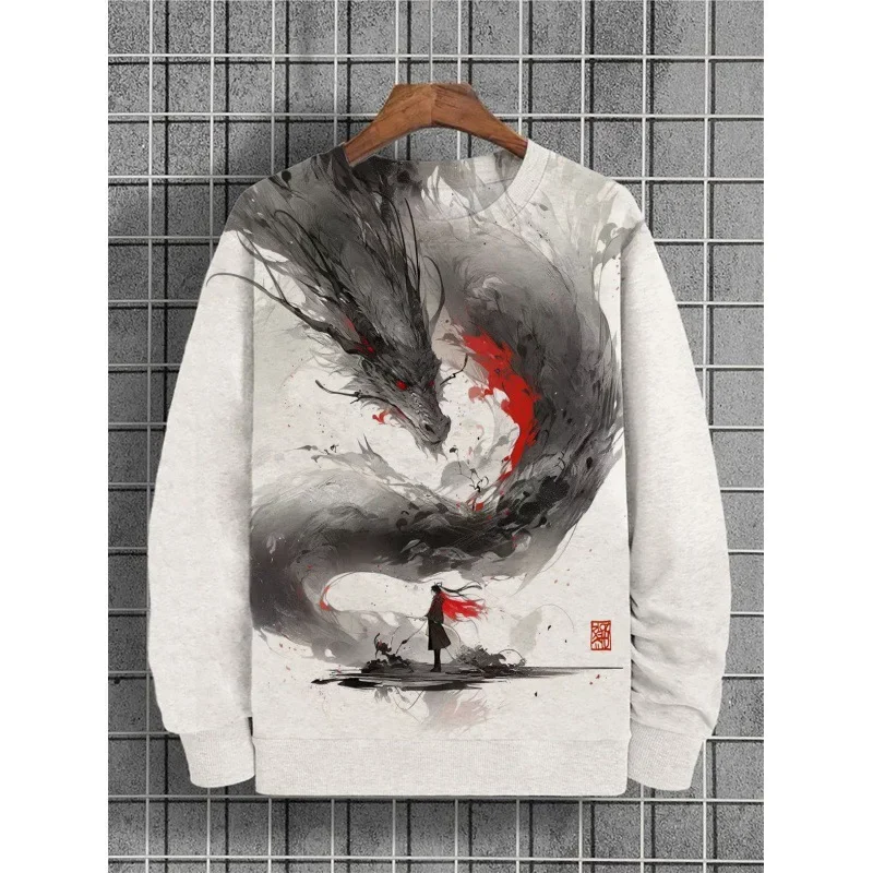 3D ink painting graphic long sleeve printed t-shirt Chinese style oversized men's sweatshirt autumn pullover streetwear tops