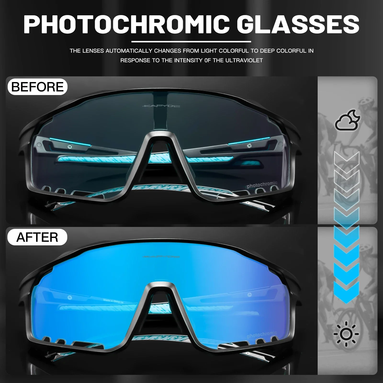 Kapvoe Gold Photochromic Glasses Cycling  Sunglasses Men Women Sports Speed Road Mtb Mountain Bike Bicycle Cycle Eyewear Goggle