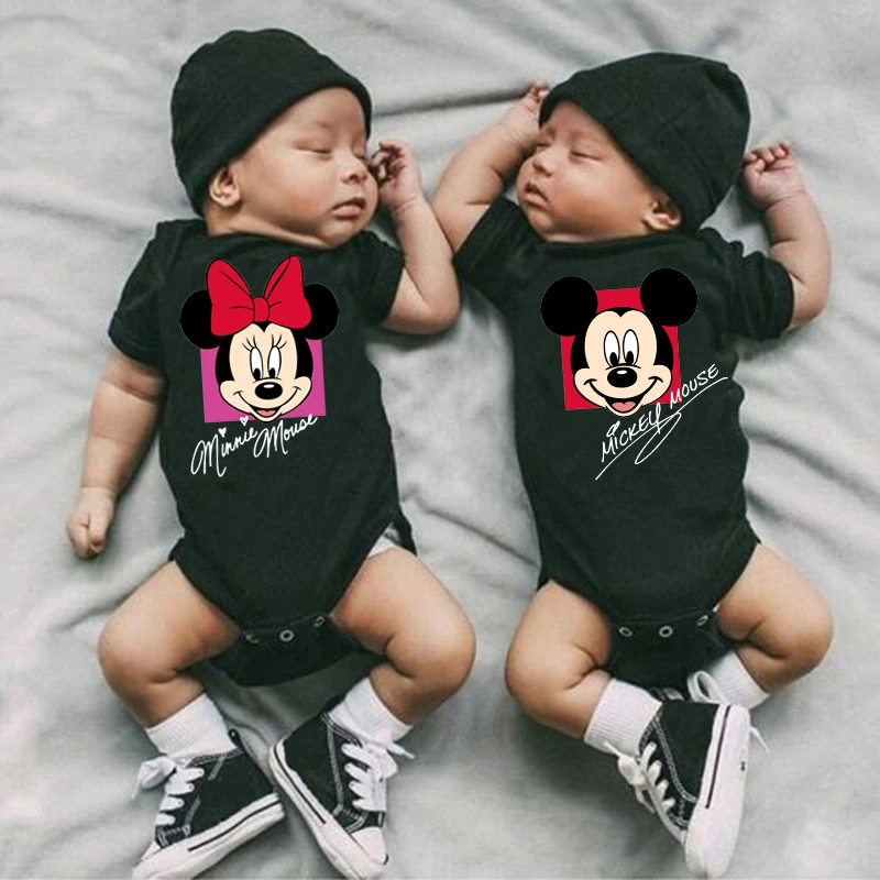 Disney Mickey Mouse Twins Baby Girl Jumpsuit Newborn Baby Boy Clothes Cartoon Mickey Minnie Mouse Twins Short Sleeve Soft Romper