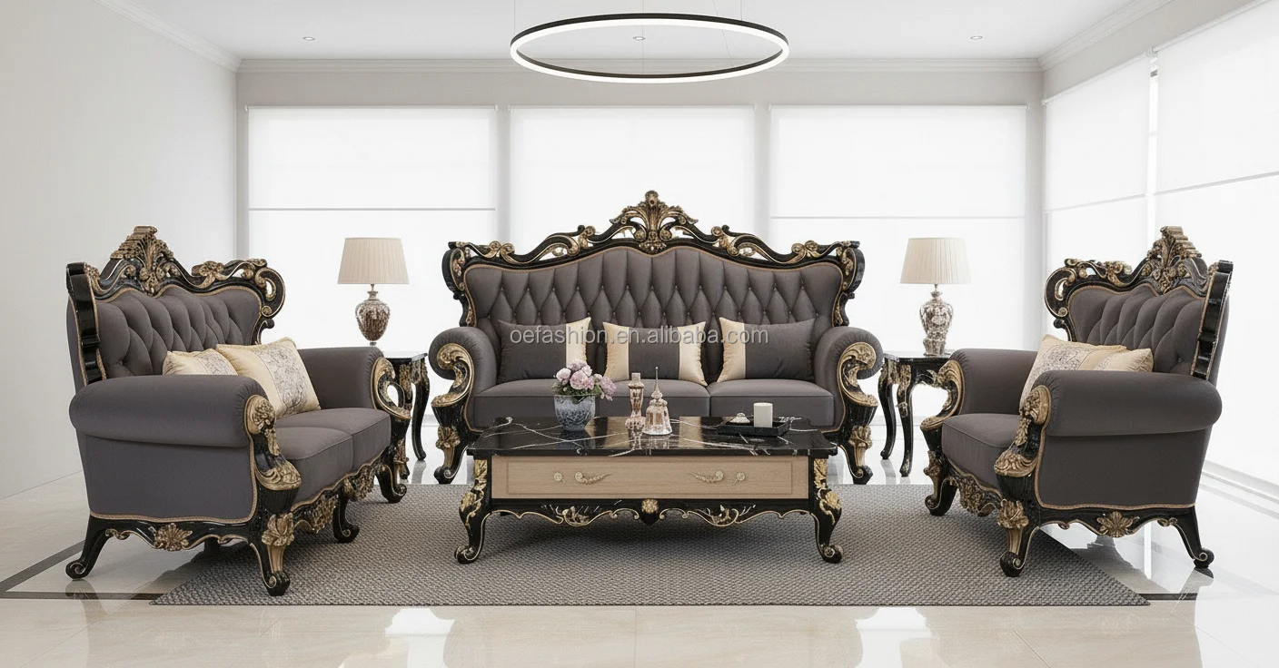 European Royal Sofa Set with Gold Carved Frame and Genuine Leather Upholstery, Elegant Living Room Furniture for Villa or Hotel