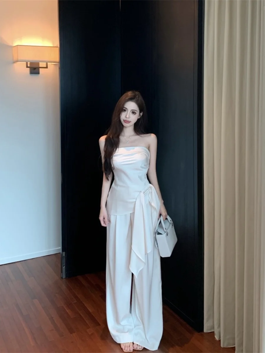 

Spicy Girl High Waist Short Sleeve Tube Top And Wide Leg Pants Set Irregular Strap Design Slimming Effect Summer Fashion