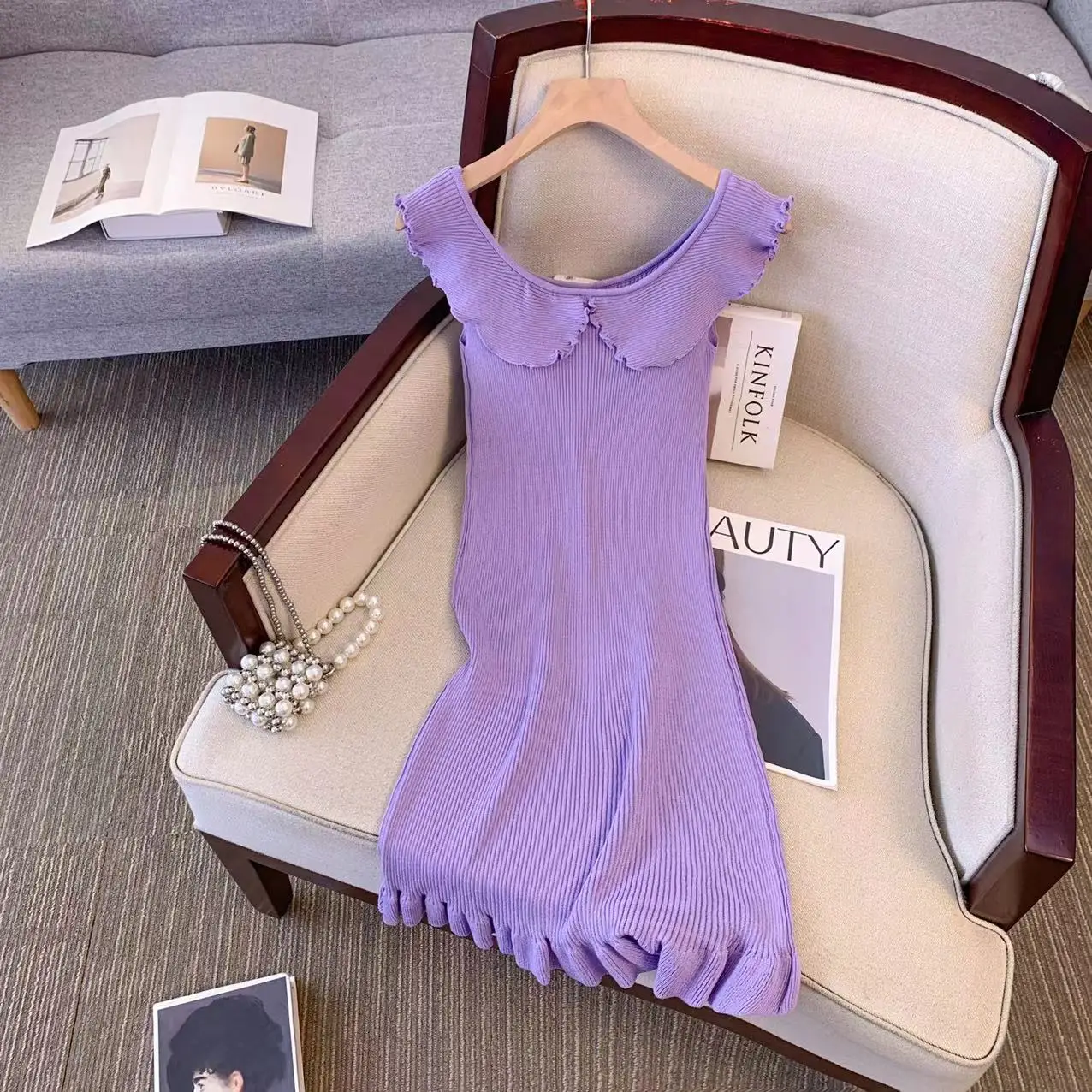 フリルニットストラップレスミニドレス女性のセクシーなレースアップパープルストレッチかぎ針編みボディコンクラブパーティーミニドレス Vesitdos