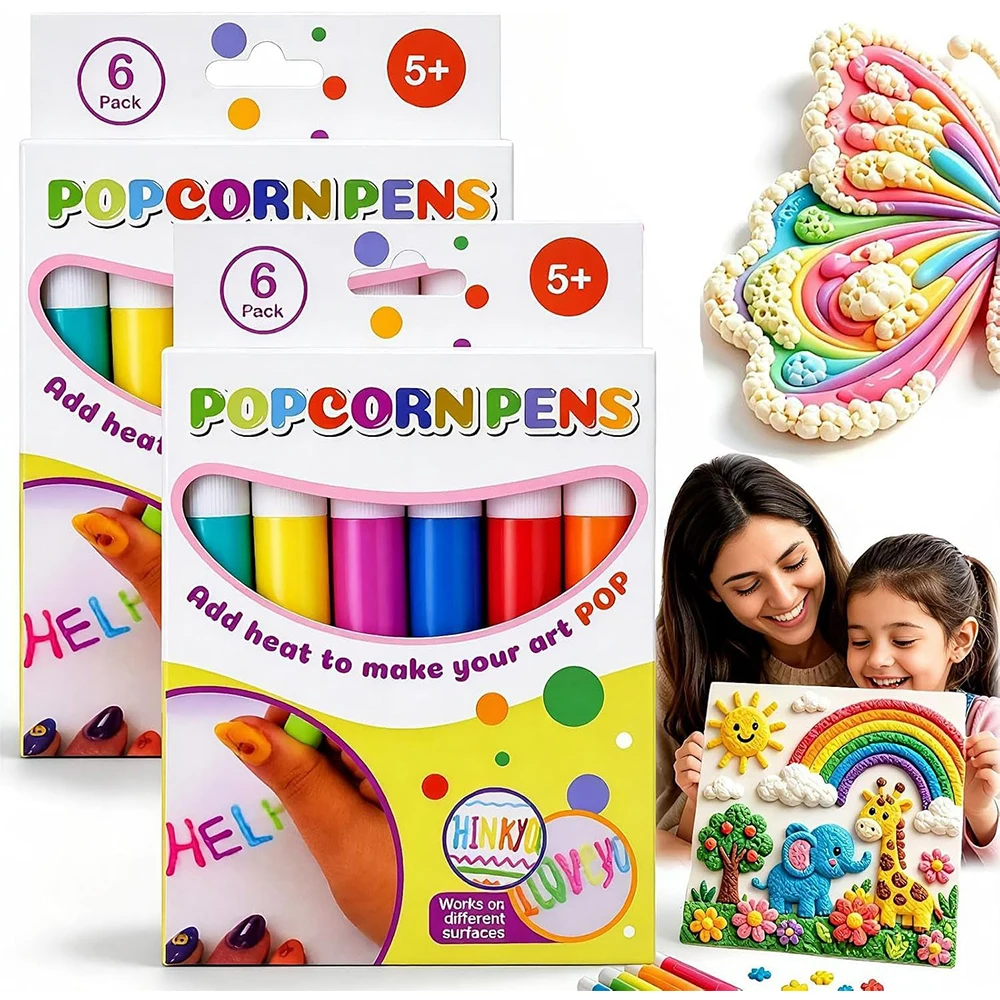 1-6 Boxes 3D Art Drawing Popcorn Pen, 6 Colors, DIY Popcorn Bubble Drawing Pen for Kid Making Birthday Cards, School Drawing