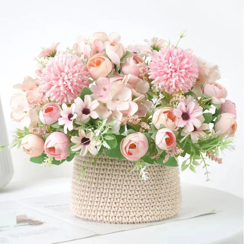 7 Heads Hydrangea Flowers Artificial Bouquet Silk Blooming Fake Peony Bridal Hand Flower Roses Wedding Centerpieces Decor