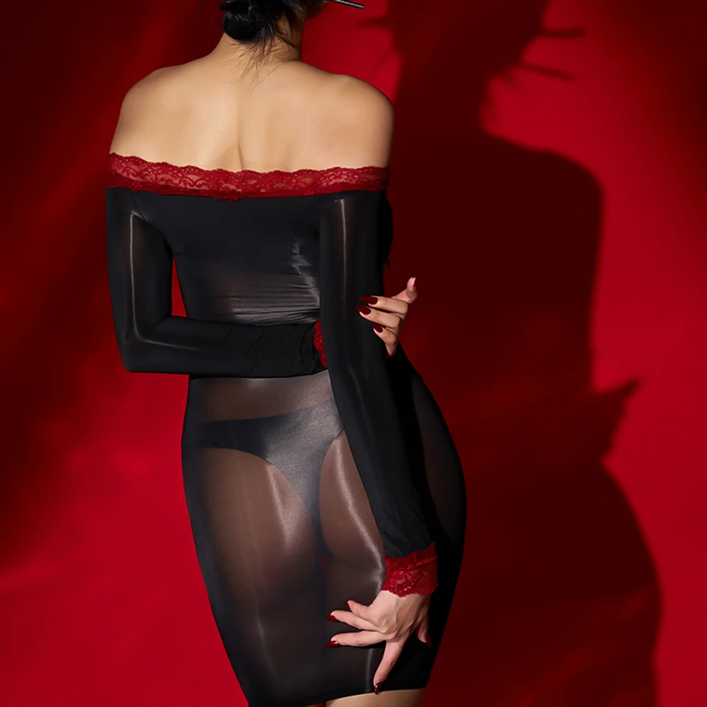 

Off Shoulder Dress Sexy Lingerie Home Long Sleeved Mini Dress Elastic Tight Nylon Vacation Women Black With Red
