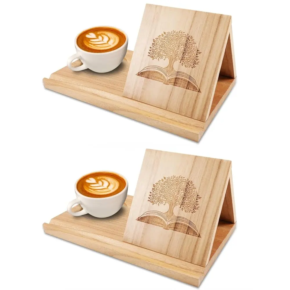 

2Pcs Wooden Small Bookshelf, Triangle Book Holder Stand For Page Rest, Book Seat With Cup & , Mini Bookcase For Bedroom