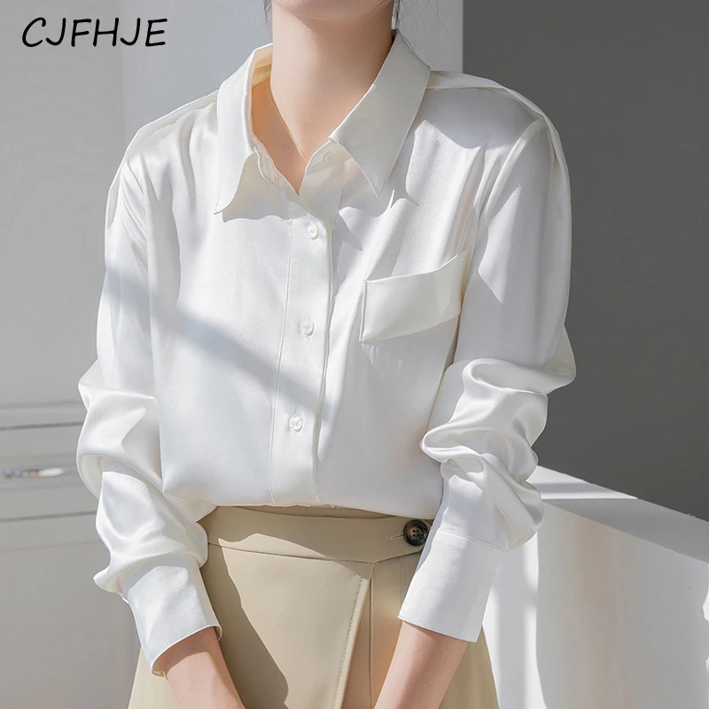 CJFHJE-Camisa feminina branca cetim, blusa elegante, manga comprida, temperamento, escritório, roupa de trabalho, tops de deslocamento, botões, primavera, outono